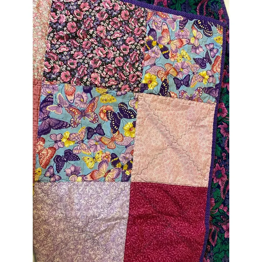 Vtg Handmade patchwork quilt Wall hang Lap quilt‎ Pink ,yellow, purple butterfly